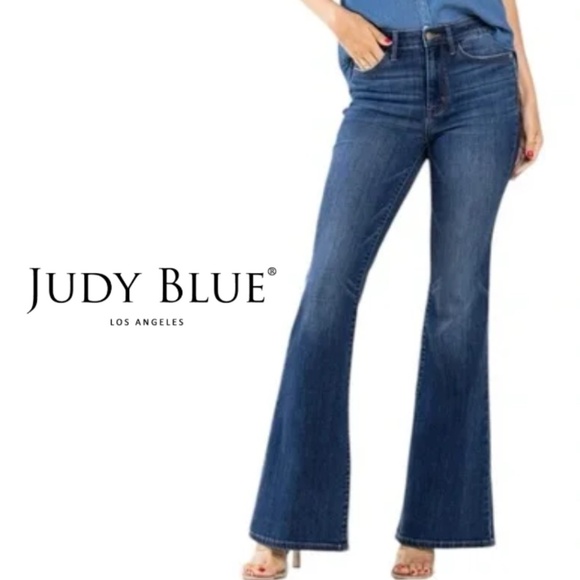 Judy Blue NWT High Waist Tummy Control Fray Hem Flare Medium Dark Wash- Size 18W - Picture 1 of 14